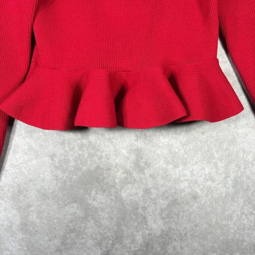 Express Ribbed Sweetheart Neckline Ruffle Peplum Sweater Womens XL Red Ruffle